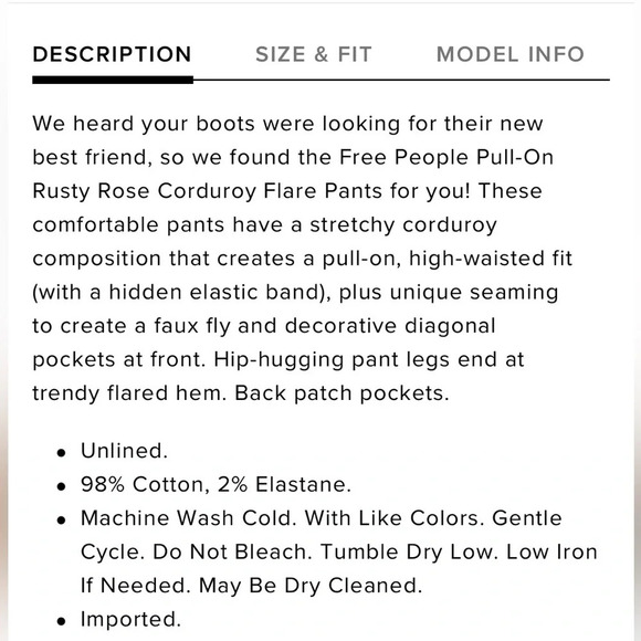 Free People We the Free Pull On Flare Leg Corduroy Pants Rusty Rose - Picture 5 of 13